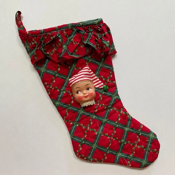 Christmas Stocking with Dolly Face Holiday Decor Xmas Vintage Handmade - Picture 2 of 5